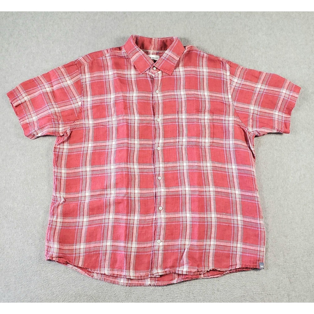 Peter Millar Shirt Mens XL Red Plaid Linen Short Sleeve Button Up Casual